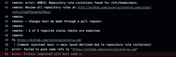 Error message screenshot from the Logs of the previous Actions. The relevant error line is Changes must be made through a pull request.