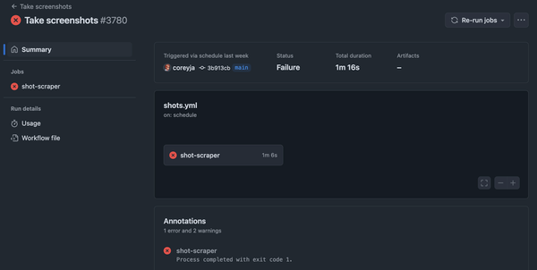Screenshot from my repo’s Github Action, which is failing and displaying with the big red X. There is a single job in the workflow called shot-scraper which is failing, and reporting an exit code of 1