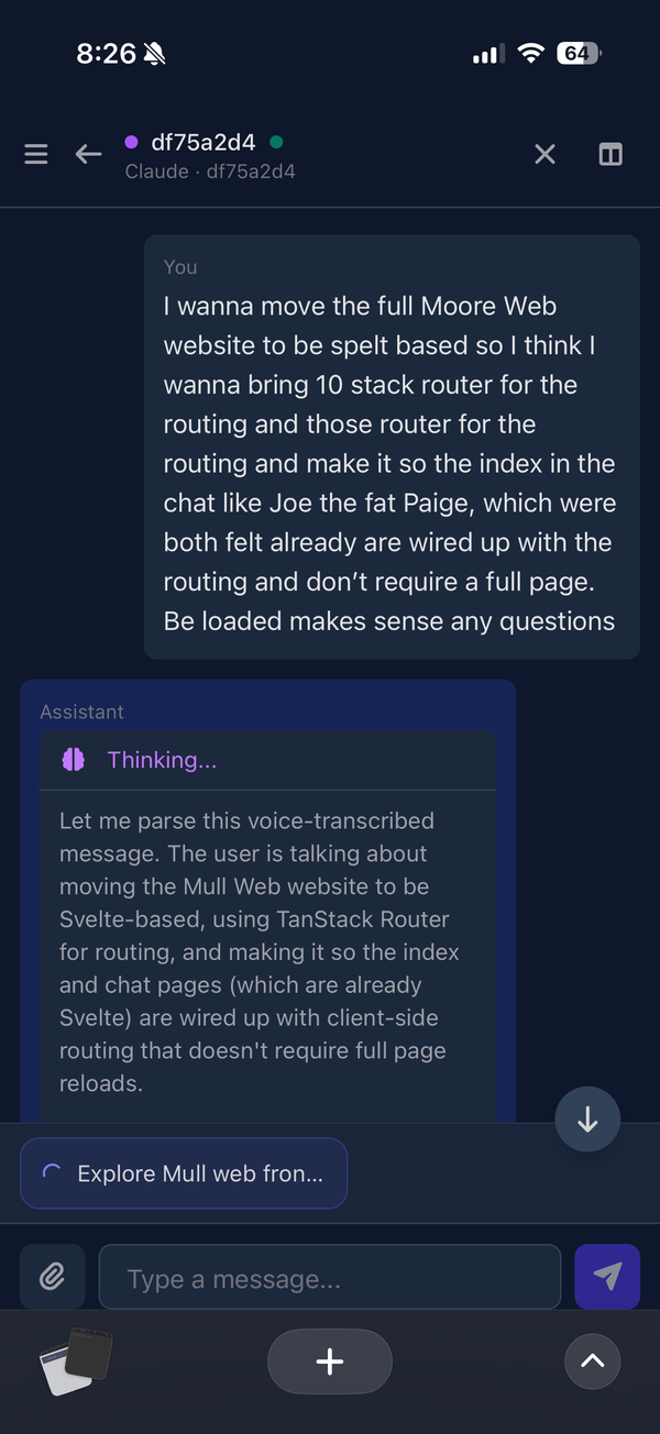 Screenshot from my coding agent UI. Shows a very garbled transcription message and an agent thinking block that decoded the message correctly